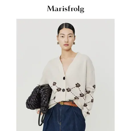 【商场同款】玛丝菲尔菱形格毛衣春季新款三色堇羊毛v领针织开衫图片