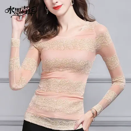 特春新款打底衫优雅修身百搭金线网纱T恤衫女上衣图片