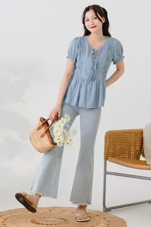 桔熊夏季波西米亚蕾丝拼接流苏绑带泡泡袖高腰上衣女大码AB17167商品大图