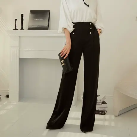 桔熊秋季通勤黑色长裤子女高腰弹力直筒落地裤胖妹妹大码BA7293图片