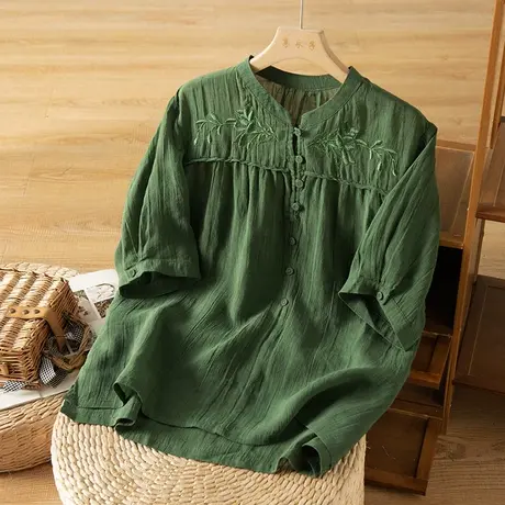 享永子短袖刺绣苎麻衬衫女夏文艺复古宽松棉麻上衣高级感2023新款商品大图