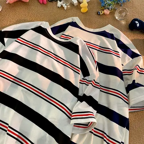 撞色条纹休闲短袖T恤男夏季新款圆领宽松纯棉半袖潮流情侣上衣服商品大图