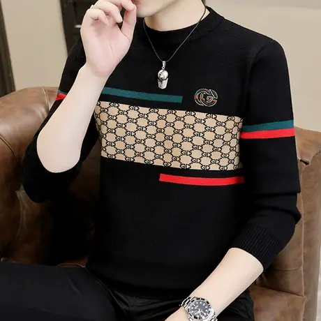 秋冬季新款圆领男士毛衣韩版潮流时尚休闲长袖水貂绒针织打底衫男商品大图