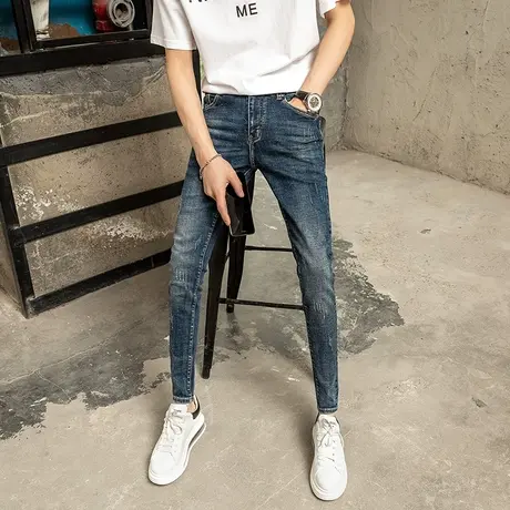 2023春夏新款水洗深蓝牛仔裤男个性猫爪铅笔裤子修身小脚九分裤商品大图