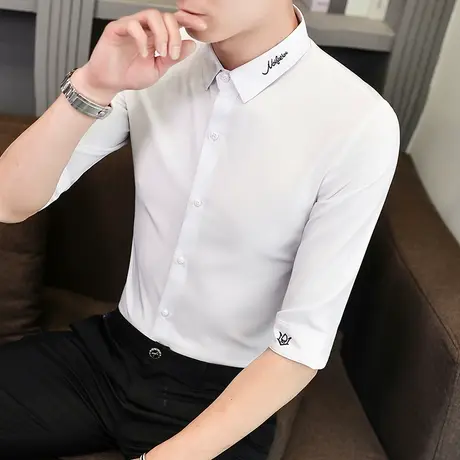 短袖衬衫男士夏季潮流韩版休闲7七分袖衬衣半袖修身帅气百搭中袖图片