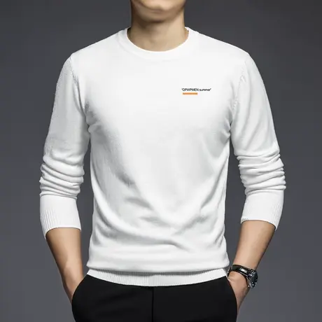 男士毛衣秋冬季保暖圆领针织衫内搭白色打底衫毛线衣潮流印花毛衫商品大图