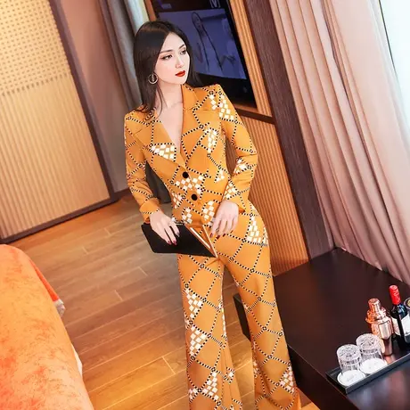 VJE春装欧美印花西装领长袖连体裤新款气质修身收腰连身长裤图片