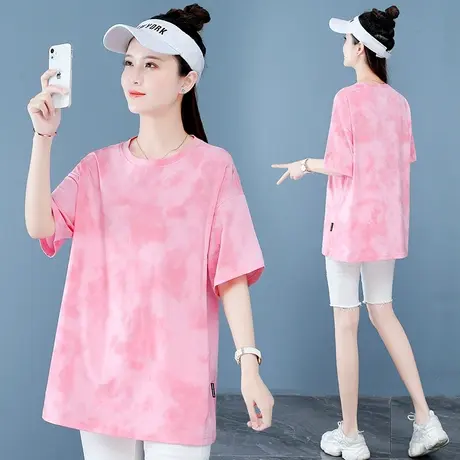 全棉扎染t恤女夏2023年新款时尚中长款大码女装纯棉五分袖体恤衫商品大图