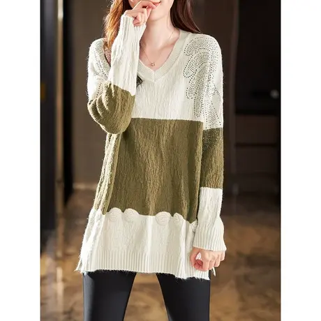宝诗黎V领烫钻撞色洋气毛衣女春季时尚宽松慵懒针织衫2024年新款图片