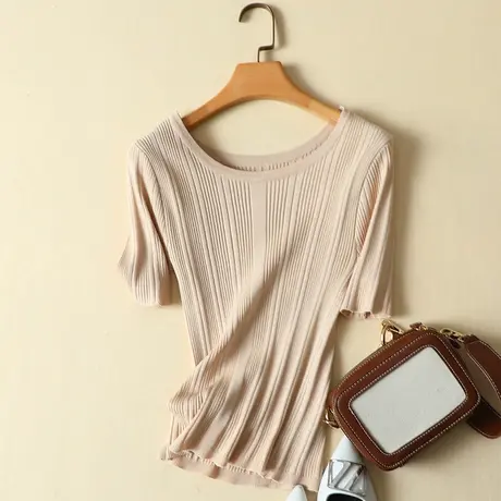 短袖t恤女春夏装2024新款冰丝针织衫女套头韩版修身打底衫女上衣商品大图