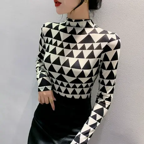 半高领打底衫女长袖秋装2024新款时尚拼色印花上衣气质网纱T恤ins商品大图