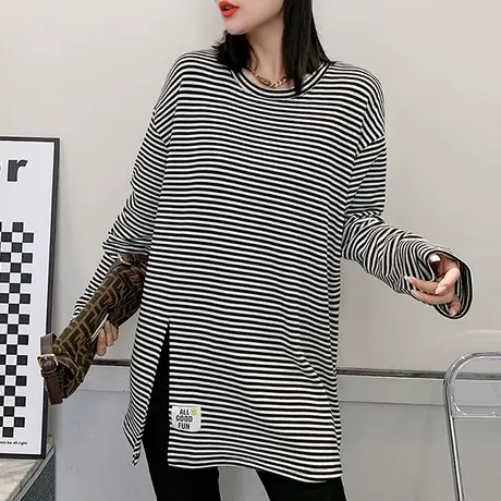 韩版宽松卫衣女秋冬保暖加厚外套长袖洋气条纹上衣潮中长款打底衫商品大图