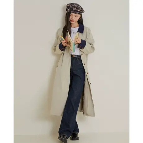 弥古拼色翻领风衣女秋冬撞色小个子宽松英伦风大衣长款外套高级感商品大图