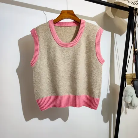 学院风针织马甲女春秋新款撞色拼接宽松套头叠穿无袖毛衣背心上衣商品大图