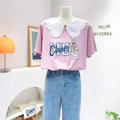 小个子显高搭配~3夏季韩国东大门ins港风可爱兔子娃娃领短袖上衣商品大图