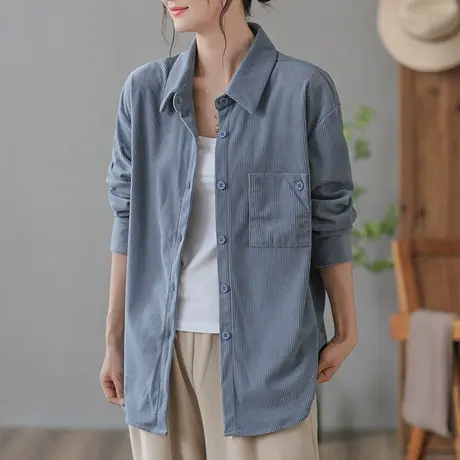 dza 复古灯芯绒衬衫外套女春秋外搭宽松长袖衬衣休闲显瘦翻领上衣图片