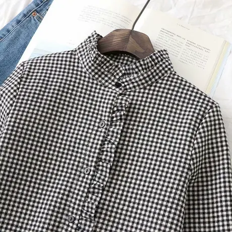 秋冬新款学院风蝴蝶结黑白格子加绒衬衫女长袖保暖冬韩版宽松衬衣商品大图