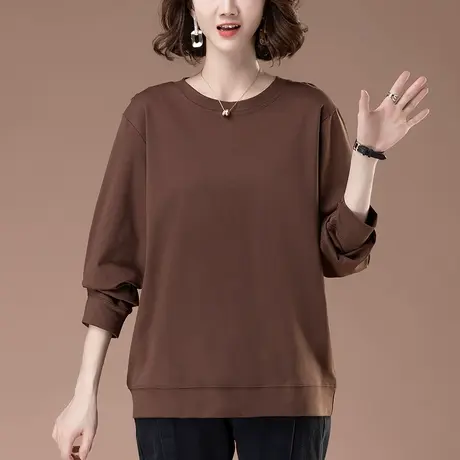 圆领卫衣女春秋薄款宽松加肥加大码女装中年妈妈休闲全棉显瘦上衣商品大图