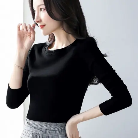 黑色长袖打底衫女春秋季2024年新款纯色简约百搭大码胖mm内搭上衣图片