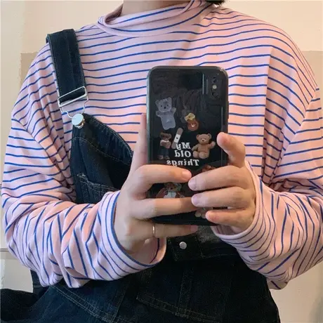 红续小个子半高领条纹长袖T恤女2023秋季新款休闲宽松打底衫上衣商品大图