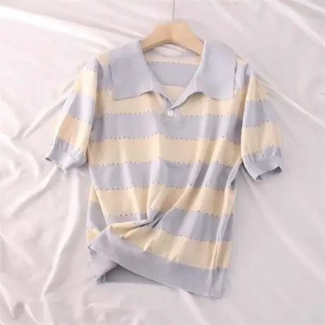 2023夏季新品Polo领上衣设计感条纹显瘦撞色复古短袖冰丝针织衫女图片