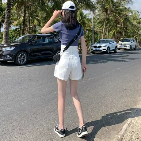 2023年新款白色牛仔短裤女秋高腰宽松a字阔腿热裤显瘦设计感裤子商品大图