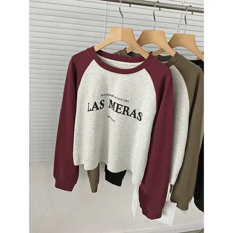 美式复古短款小个子卫衣女薄款春秋装宽松显瘦撞色插肩长袖上衣潮商品大图