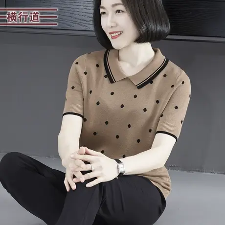 翻领撞色波点针织短袖宽松韩版显瘦大码妈妈2025新款夏装女上衣服图片