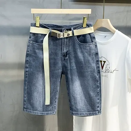 送腰带2023年夏季新款男士韩版牛仔短裤修身百搭中裤潮男五分裤薄图片