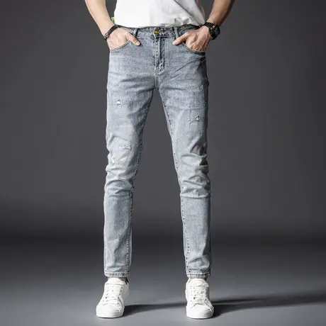 Modi Nick/摩帝尼克破洞牛仔裤男士修身休闲春夏裤子潮流百搭水洗图片