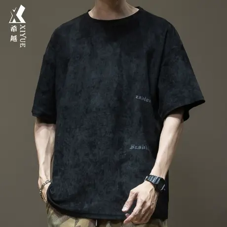 希越麂皮绒短袖t恤男运动高级感半截袖夏季大码衣服男士宽松男装商品大图