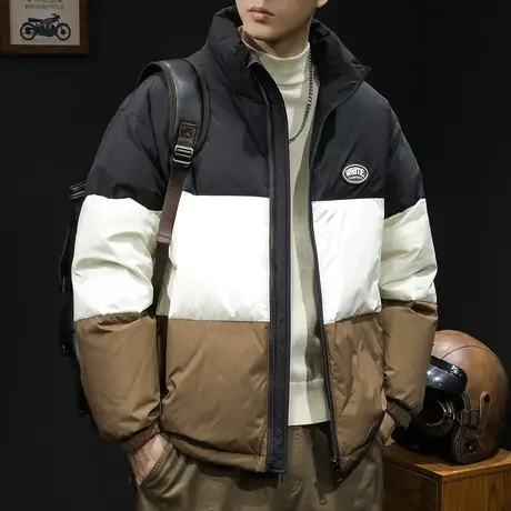 白鸭无帽立领羽绒服男冬季2023新款潮牌大码男士外套轻薄拼色百搭商品大图
