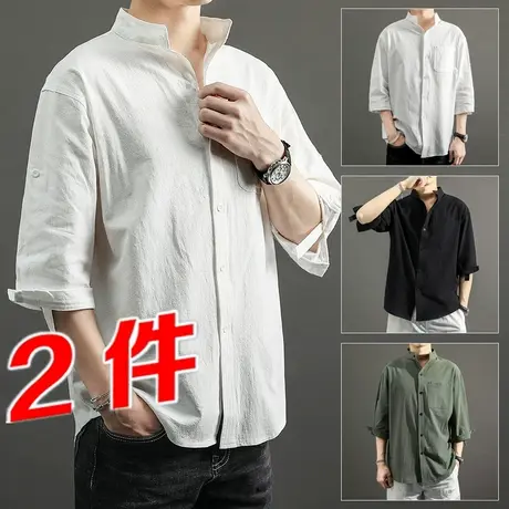 大码亚麻短袖衬衫男宽松潮胖子加肥加大男士夏季棉麻五分袖薄款图片