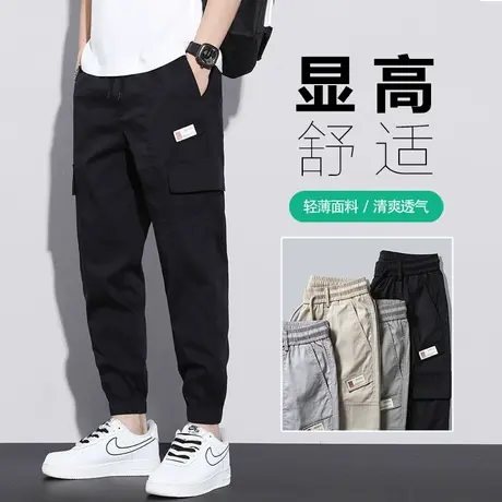 九分工装裤男士束脚宽松紧腰夏季薄款潮牌夏天黑色机能风休闲裤子商品大图