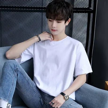 夏季棉纯色男士短袖t恤圆领半袖上衣服黑白色男装打底衫体恤小衫商品大图