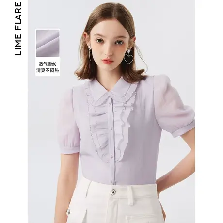 莱茵福莱尔雪纺衫法式短袖木耳边气质2023夏季设计感小众奥莱衬衫商品大图