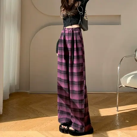 毛呢格子裤女秋冬加厚新款高腰垂感高级感宽松直筒休闲格纹阔腿裤图片