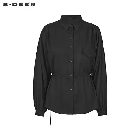 sdeer圣迪奥22春夏新品休闲翻领抽绳收腰黑色通勤衬衫女S221Z0501图片