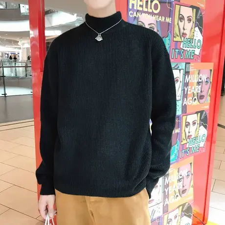 秋冬季半高领毛衣男宽松韩版潮流毛衫男士加厚黑色打底中领针织衫商品大图