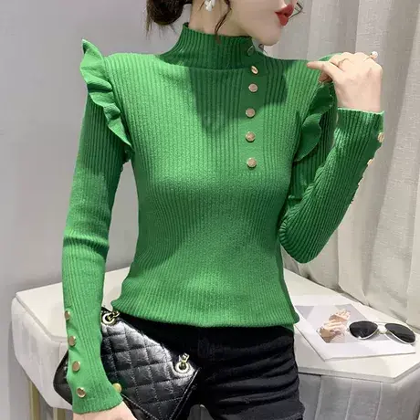 【直播】粉红大布娃娃修身高领荷叶边针织打底衫商品大图