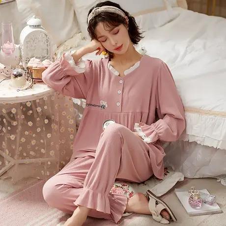 夏季公主风睡衣女春秋韩版长袖薄款套装休闲纯棉娃娃领家居服套装商品大图