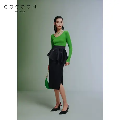 COCOON商场同款时尚上衣2023秋季新款女简约V领竹叶绿长袖针织衫商品大图