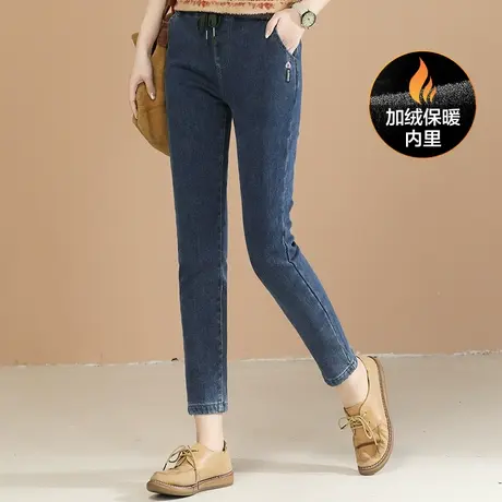 韩潮袭人松紧腰刺绣加绒牛仔裤女2023冬季新款休闲小脚哈伦长裤图片