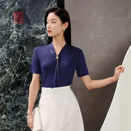 EP雅莹高端系列 气质优雅V领飘带短袖针织衫 2023新款9508A商品大图