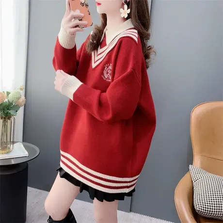 学院风假两件红色毛衣女秋冬2023年新款洋气减龄爆款打底针织上衣商品大图