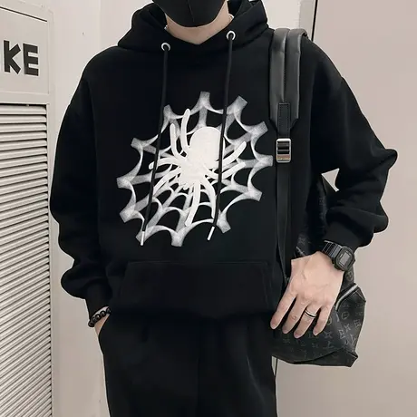 美式复古蜘蛛印花连帽卫衣秋季高街潮牌痞帅长袖上衣秋装街头外套商品大图