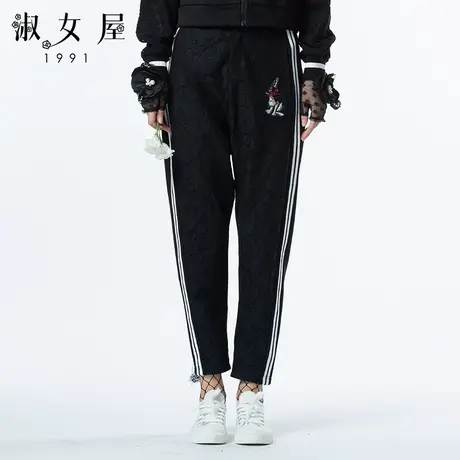 淑女屋旗舰店官网正品冬季新款宽松侧面白竖条休闲柔软黑色女长裤图片