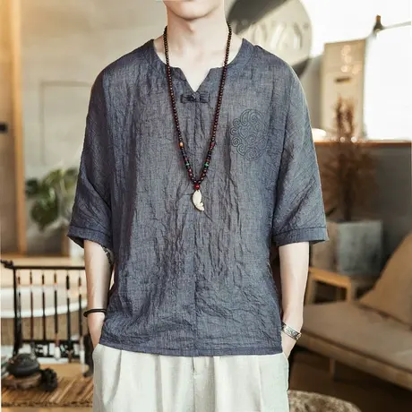 夏季唐装短袖男薄款宽松大码中国风盘扣男装禅服古风汉服青年潮流商品大图