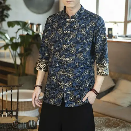 中国风秋季唐装男短袖衬衫棉麻汉服立领盘扣半袖上衣龙袍大码衬衣图片