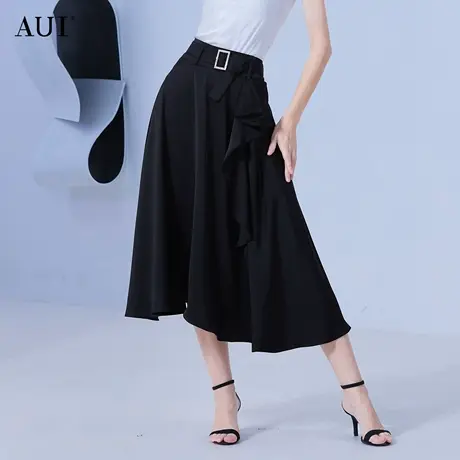 AUI黑色高腰显瘦半身裙女夏季2023新款设计感小众荷叶边伞裙长裙图片